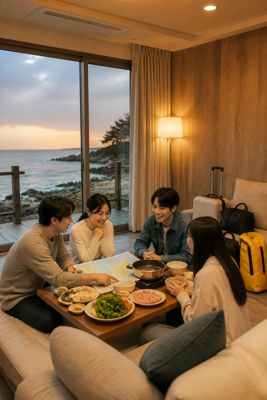 군산펜션 객실에서 가족과 친구들이 도심·해안 여행 계획과 식사를 준비하는 모습