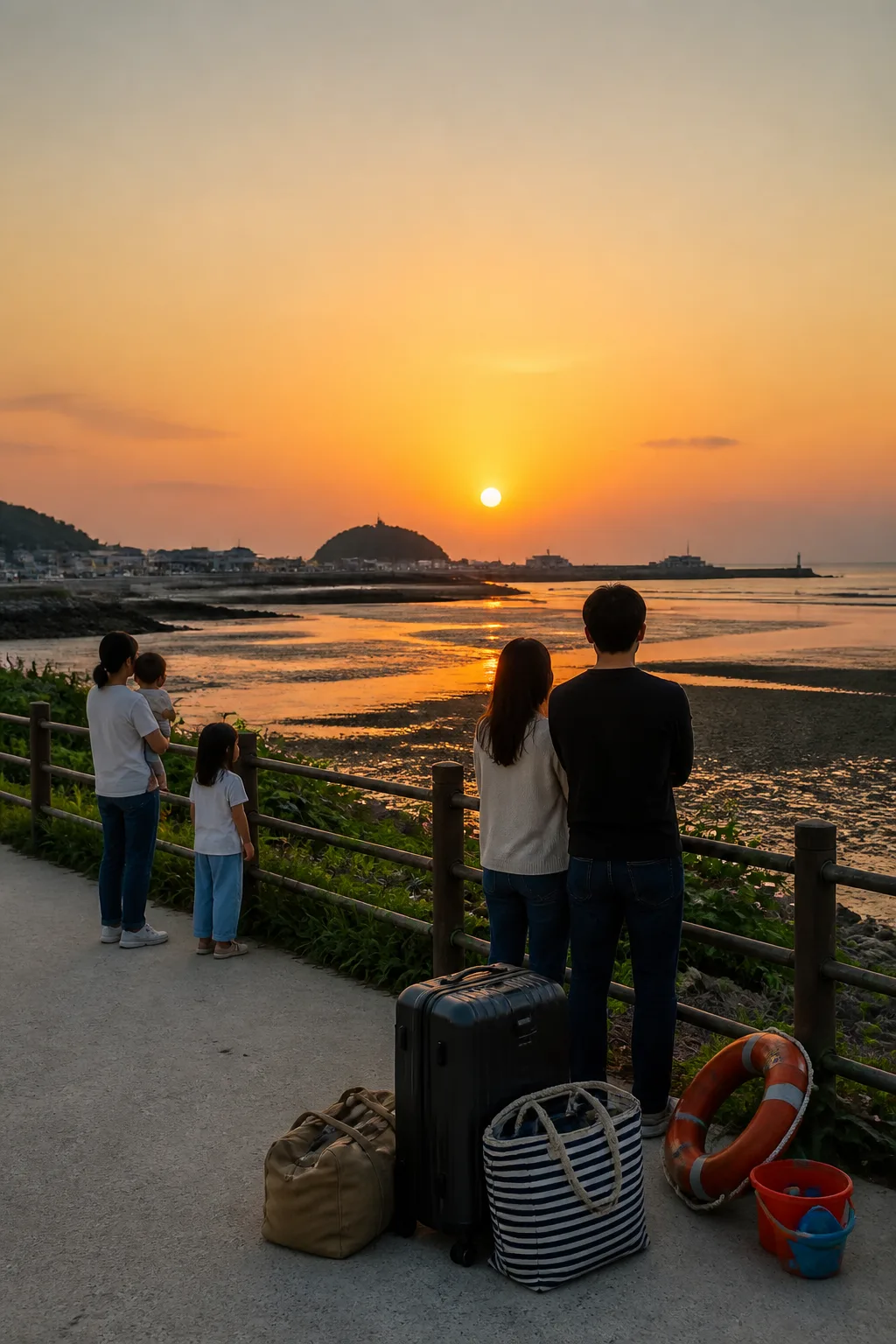 일몰 무렵 군산 해안에서 산책하는 여행객과 군산펜션 여행 풍경