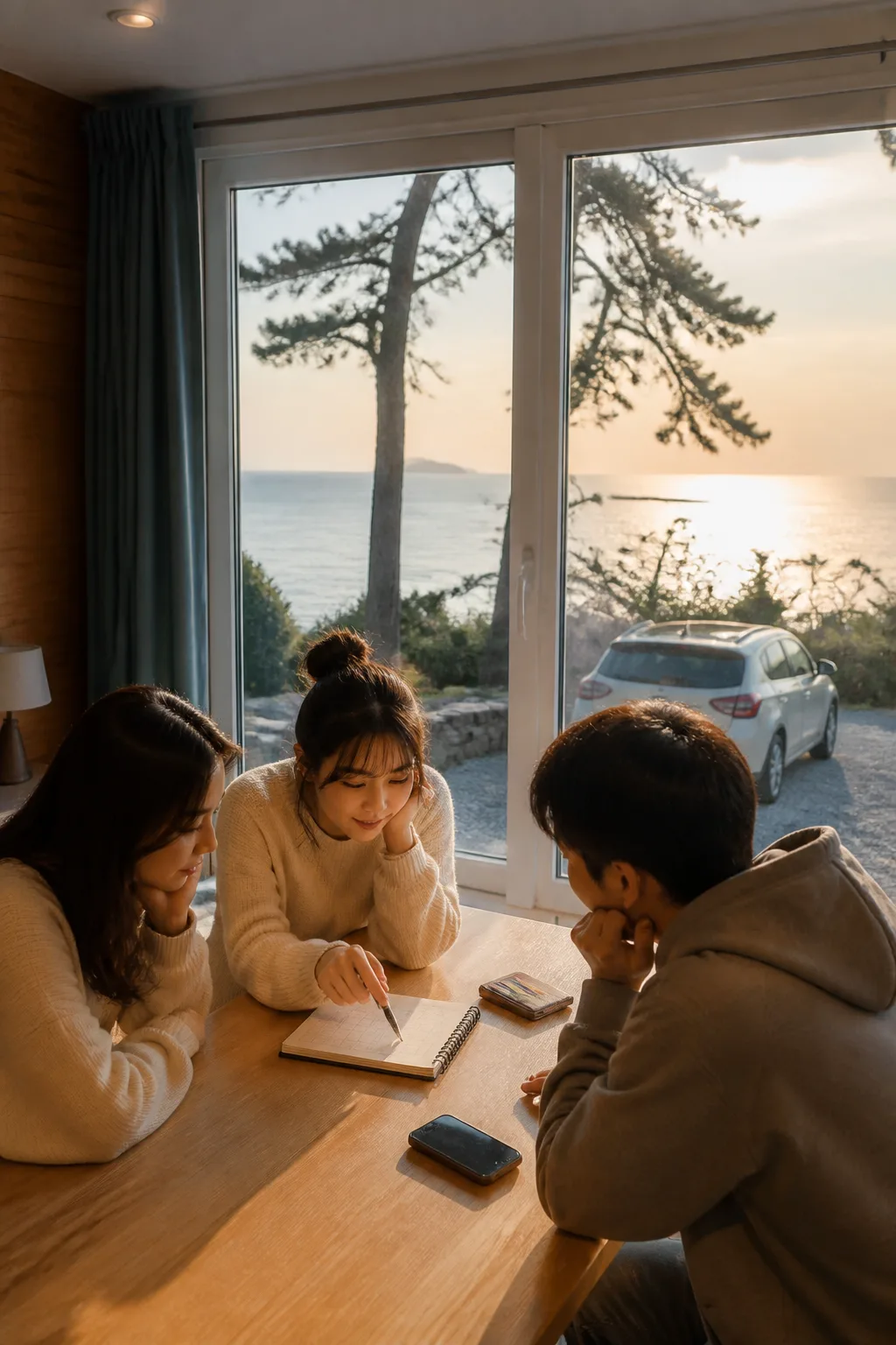 군산펜션 예약 전 여행 예산과 결제 조건을 확인하는 객실 장면