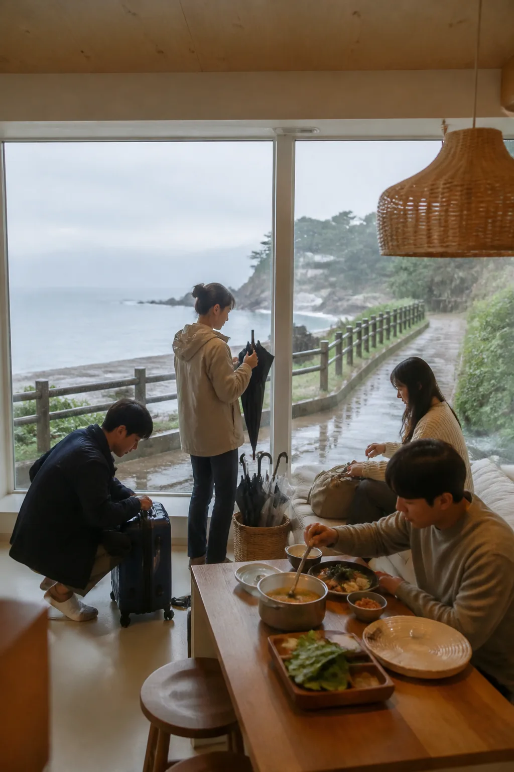 비 오는 날 군산펜션 객실에서 젖은 여행용품을 정리하고 식사를 준비하는 여행객들