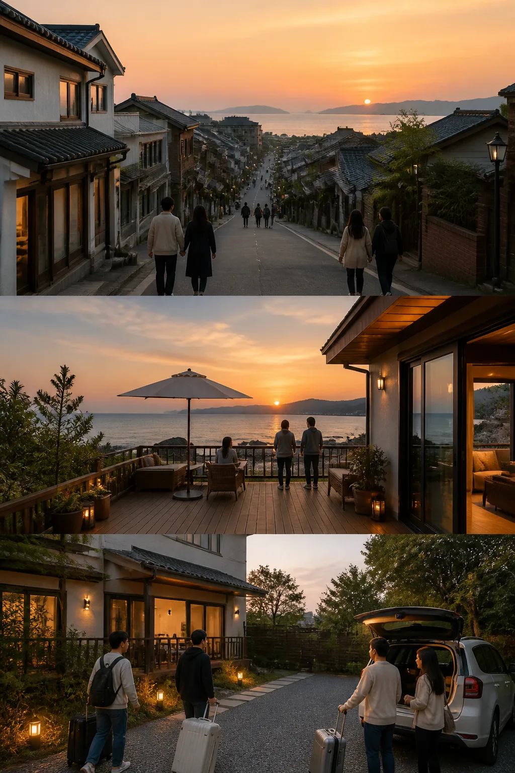 도심과 해안 여행 동선을 비교하며 고르는 군산펜션과 여행자들의 저녁 준비 모습