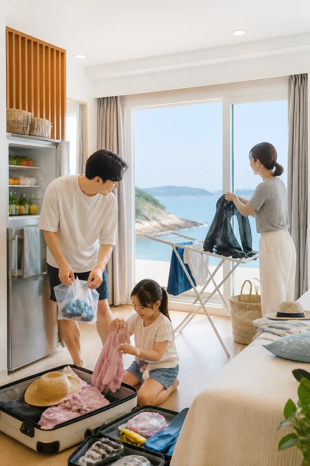 군산펜션 객실에서 캐리어와 해안용품을 정리하는 여행객 모습
