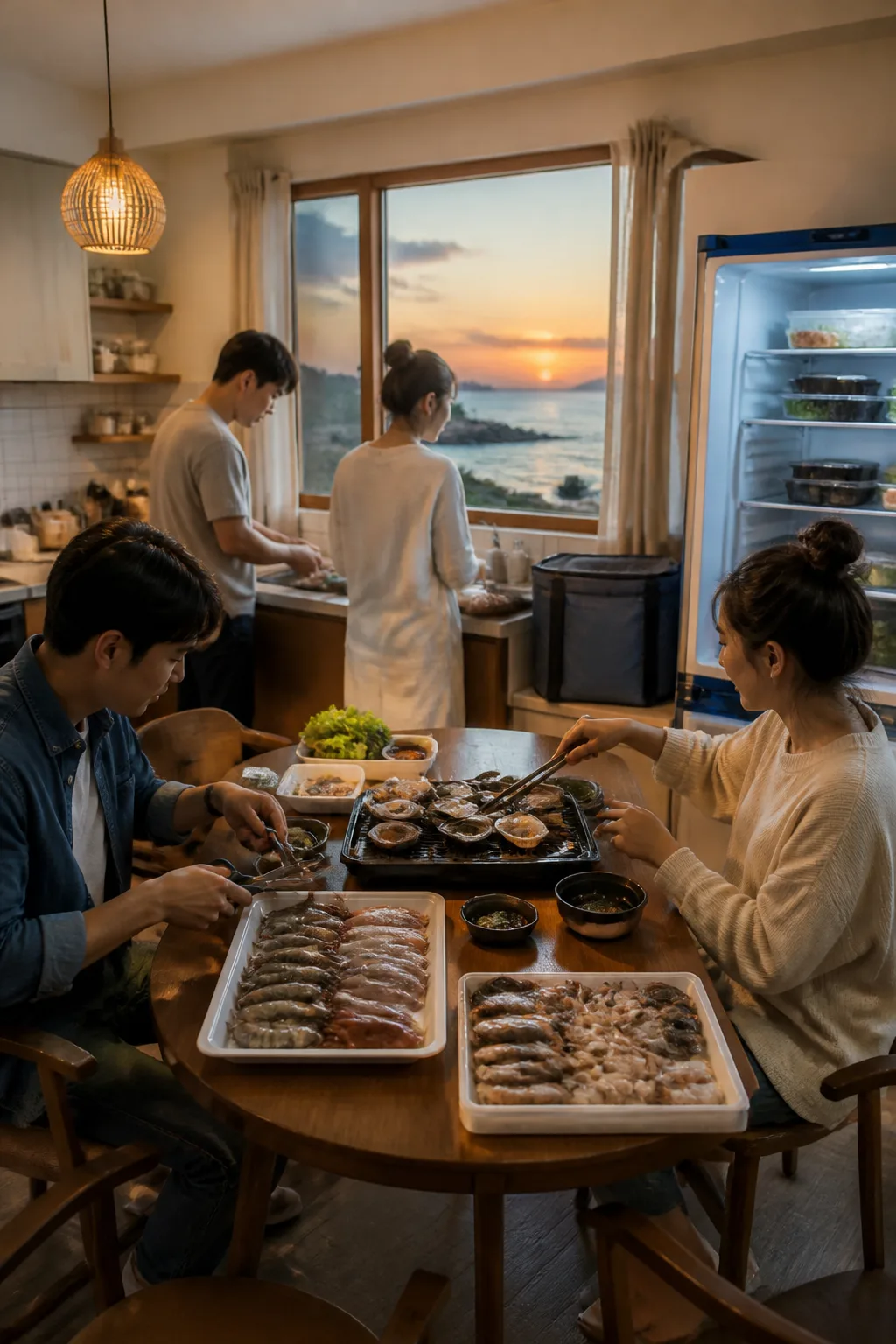 군산펜션에서 해안 여행 후 수산물 포장 음식과 저녁 식사를 준비하는 모습