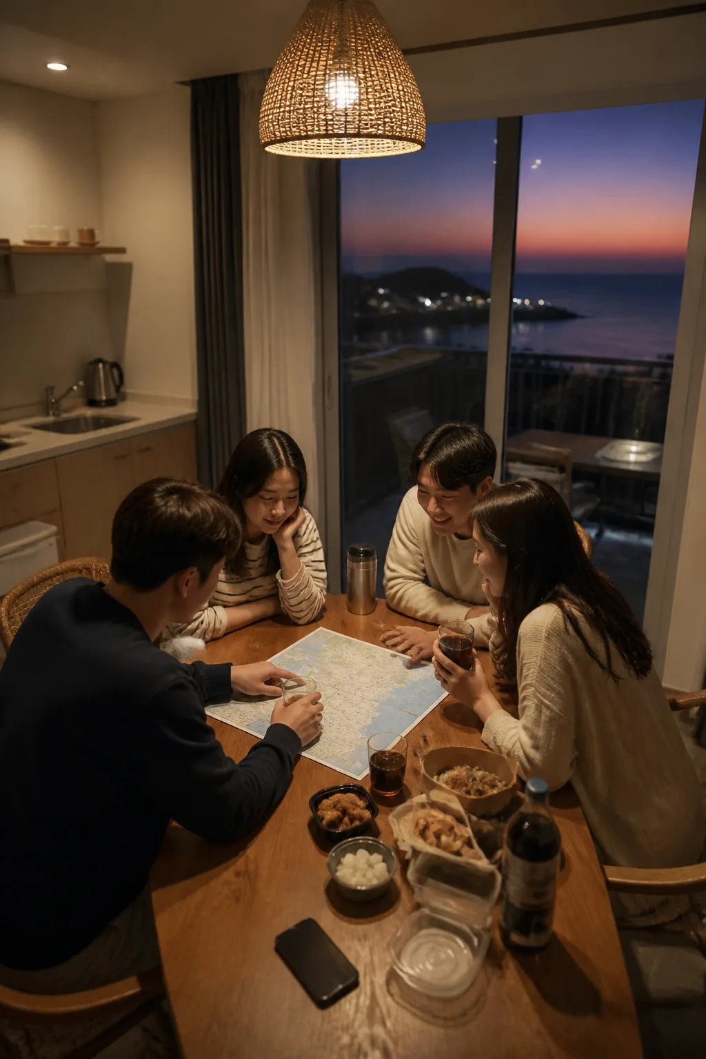 군산펜션 객실 식탁에서 가족과 친구들이 식사하며 여행 일정을 확인하는 모습