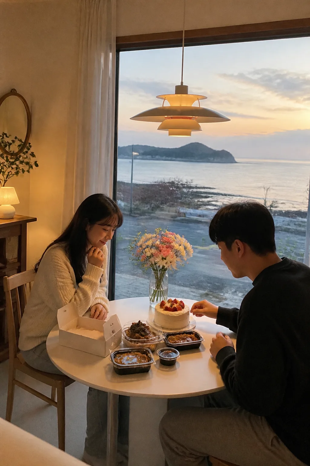 군산펜션 객실에서 케이크와 꽃을 준비하며 기념일을 보내는 여행 장면