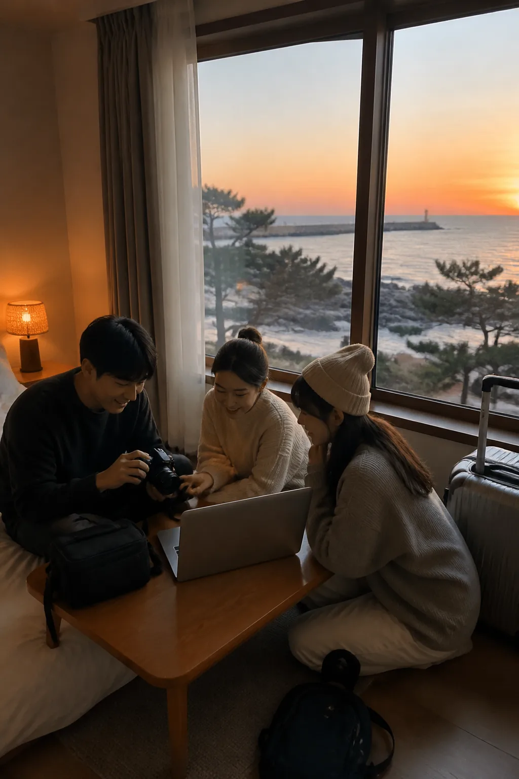 군산펜션 객실에서 노트북과 여행 장비를 정리하며 도심·해안 일정을 준비하는 여행자